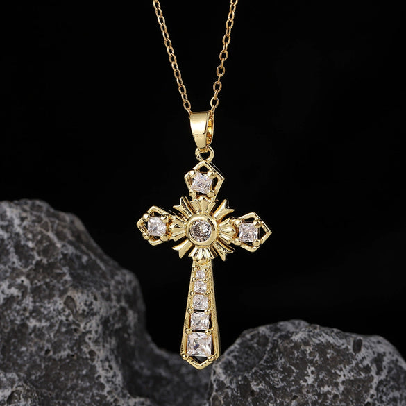 Wholesale Necklace Copper Zircon Electroplated Real Gold Geometric Cross Pendant For Women