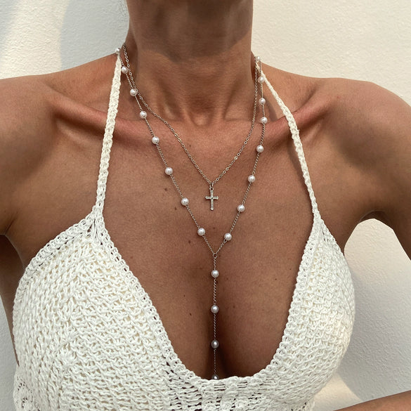 Wholesale Necklace Copperclad Iron Chain Imitation Pearl Alloy Geometric Pattern Electroplating Simple Style