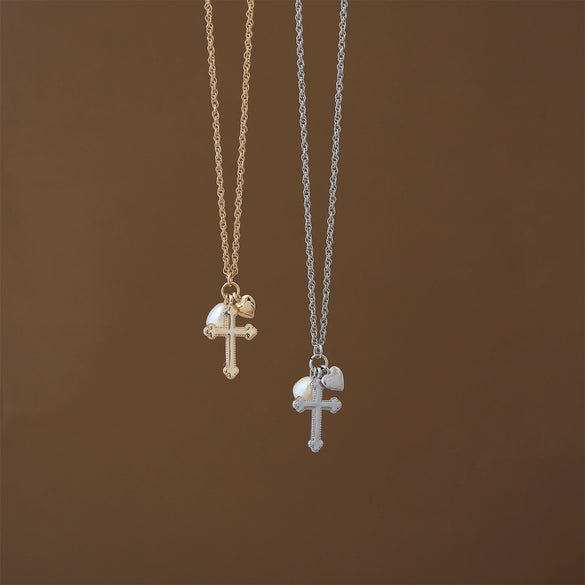 Wholesale Necklace Cross Natural Freshwater Pearl Copper Titanium Steel Electroplating Retro Elegant Heavy Industry Ins Style Unisex