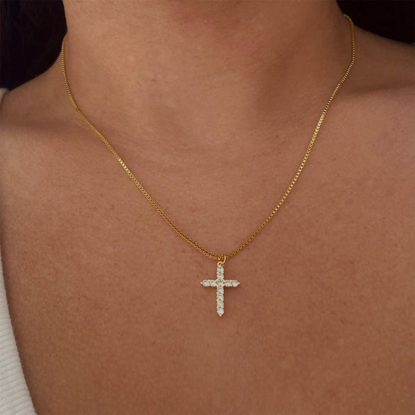 Wholesale Necklace Cross Pendant Zircon Rhinestone Box Chain Titanium Steel Simple Style
