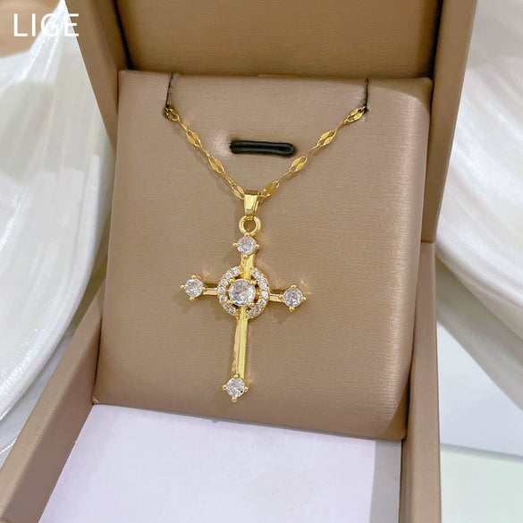 Wholesale Necklace Cross Zircon Light Luxury Gorgeous Diamond Titanium Steel Copper Chain For Female