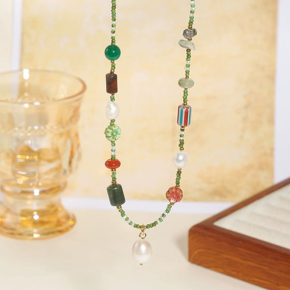 Wholesale Necklace Czech Beads Natural Freshwater Pearls Red Agate Copper Geometric Electroplated O Word Chain For Women