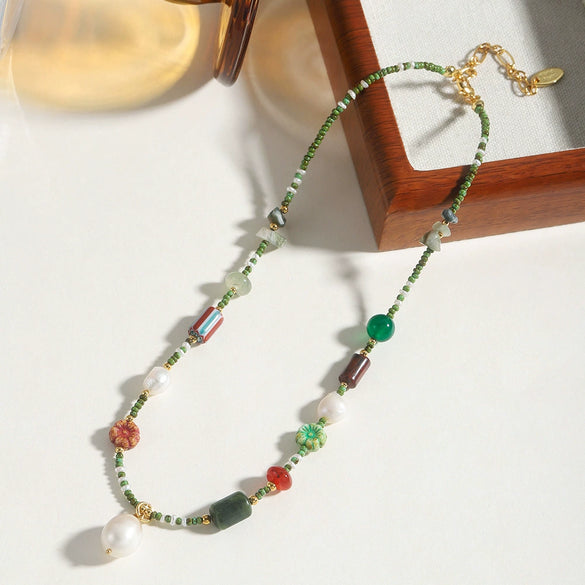 Wholesale Necklace Czech Beads Natural Freshwater Pearls Red Agate Copper Geometric Electroplated O Word Chain For Women