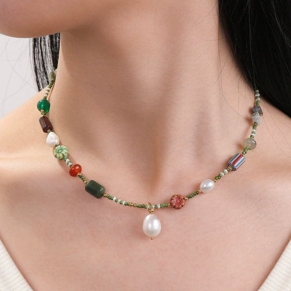 Wholesale Necklace Czech Beads Natural Freshwater Pearls Red Agate Copper Geometric Electroplated O Word Chain For Women