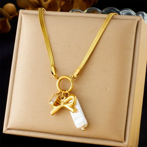 Wholesale Necklace Fashion Retro Gold Plated Stainless Steel Bow Pendant Accessories