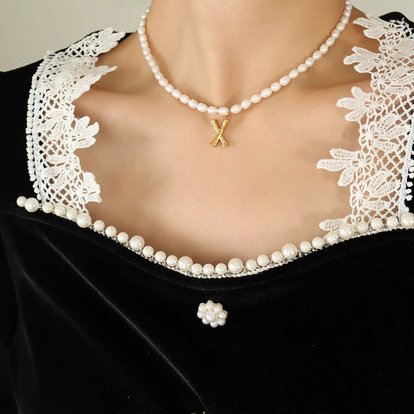 Wholesale Necklace Freshwater Pearl Chain 316L Stainless Steel Gold Plated Letter Pendant