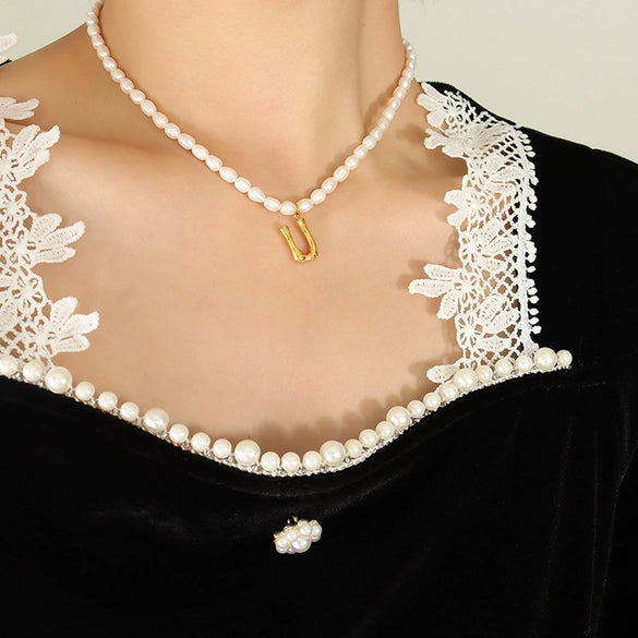 Wholesale Necklace Freshwater Pearl Chain 316L Stainless Steel Gold Plated Letter Pendant