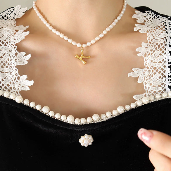 Wholesale Necklace Freshwater Pearl Chain 316L Stainless Steel Gold Plated Letter Pendant