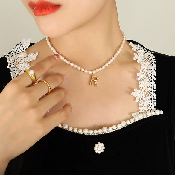 Wholesale Necklace Freshwater Pearl Chain 316L Stainless Steel Gold Plated Letter Pendant
