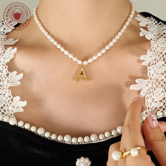 Wholesale Necklace Freshwater Pearl Chain 316L Stainless Steel Gold Plated Letter Pendant