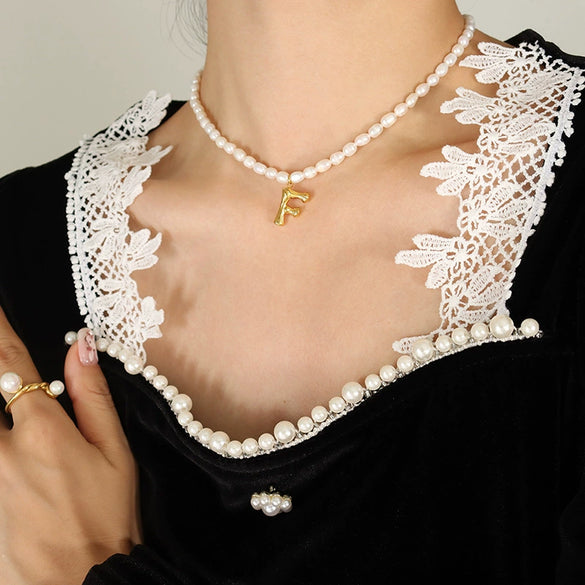 Wholesale Necklace Freshwater Pearl Chain 316L Stainless Steel Gold Plated Letter Pendant