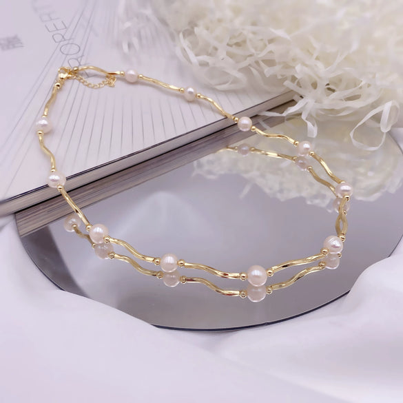 Wholesale Necklace Freshwater Pearl Copper Handmade Natural Geometric Wavy Clavicle Chain