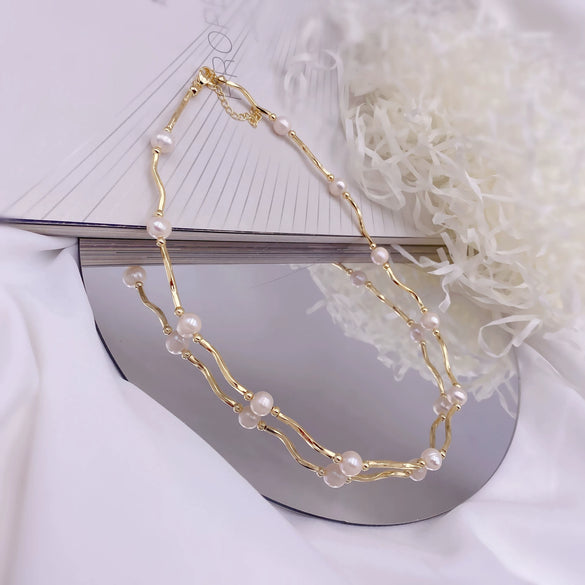 Wholesale Necklace Freshwater Pearl Copper Handmade Natural Geometric Wavy Clavicle Chain