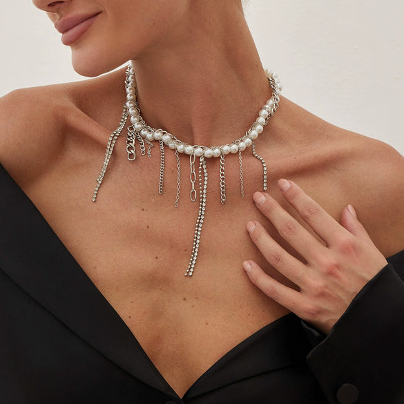Wholesale Necklace Imitation Pearl Iron Chain Claw Chain Alloy Geometric Style Electroplating Women