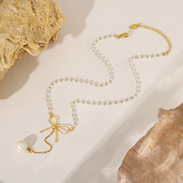 Wholesale Necklace Imitation Pearl 316L Stainless Steel Geometric Bow Light Luxury Electroplated