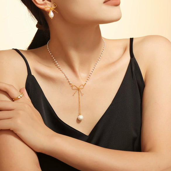 Wholesale Necklace Imitation Pearl 316L Stainless Steel Geometric Bow Light Luxury Electroplated
