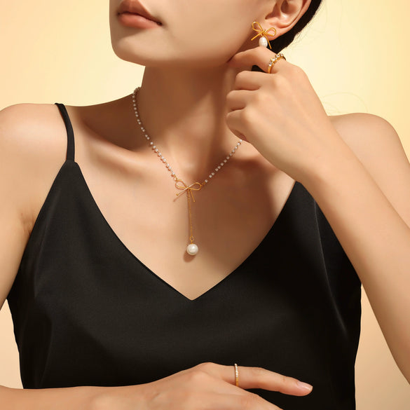 Wholesale Necklace Imitation Pearl 316L Stainless Steel Geometric Bow Light Luxury Electroplated