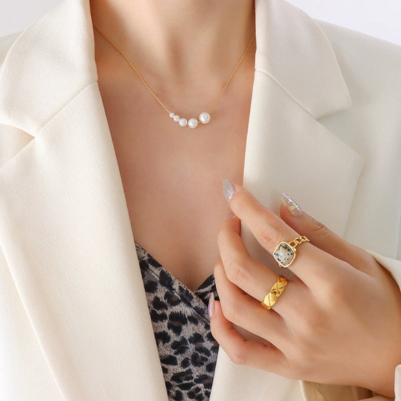Wholesale Necklace Imitation Pearl 316L Stainless Steel Geometric Square Chain 18K Gold Plated