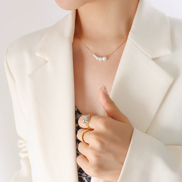 Wholesale Necklace Imitation Pearl 316L Stainless Steel Geometric Square Chain 18K Gold Plated