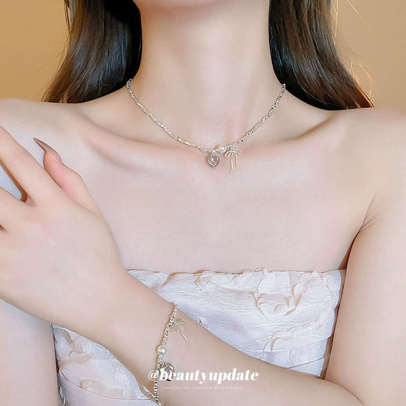 Wholesale Necklace Imitation Pearl Zircon Love Bow Set With Pearls Clavicle Chain For Women