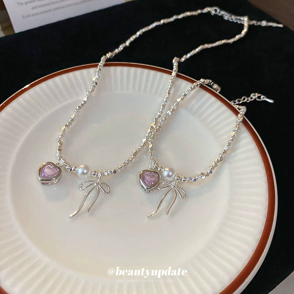 Wholesale Necklace Imitation Pearl Zircon Love Bow Set With Pearls Clavicle Chain For Women