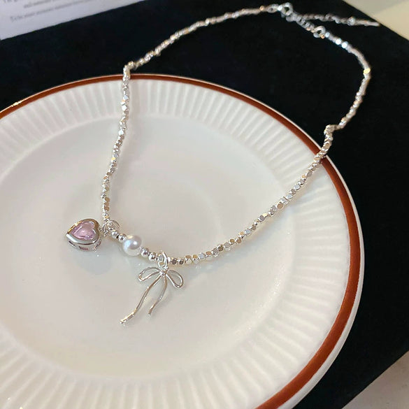 Wholesale Necklace Imitation Pearl Zircon Love Bow Set With Pearls Clavicle Chain For Women
