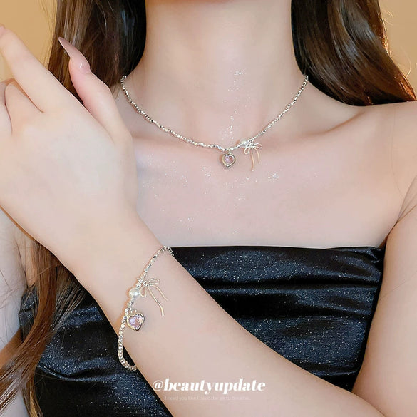Wholesale Necklace Imitation Pearl Zircon Love Bow Set With Pearls Clavicle Chain For Women