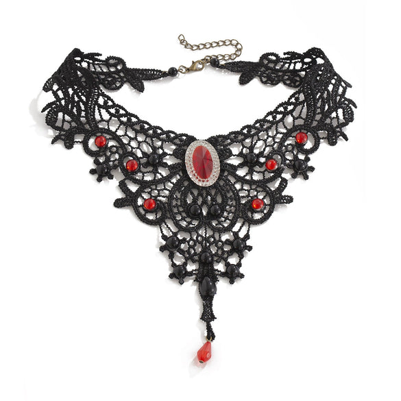 Wholesale Necklace Lace Pearl Alloy Dark Ruby Crystal Pendant Gothic Handmade Flower Style For Women