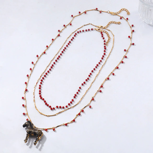 Wholesale Necklace Multilayer Handmade Beaded Chain Animal Zebra Pendant Zinc Alloy Electroplating