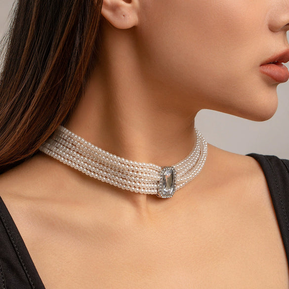 Wholesale Necklace Multilayer Imitation Pearl Ball Chain Alloy Pendant Geometric Style French Retro