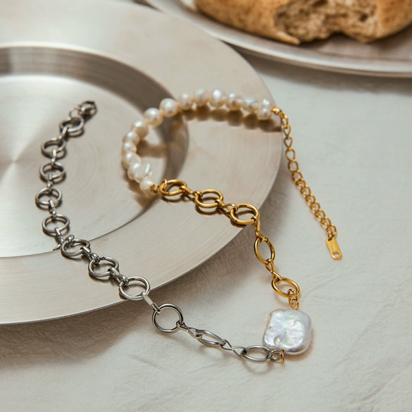 Wholesale Necklace Natural Freshwater Pearl Stainless Steel Geometric Electroplating Minimalist Original Design Women's