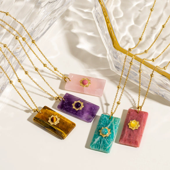 Wholesale Necklace Natural Stone Geometric Pattern Stainless Steel Set With Gems Pendant
