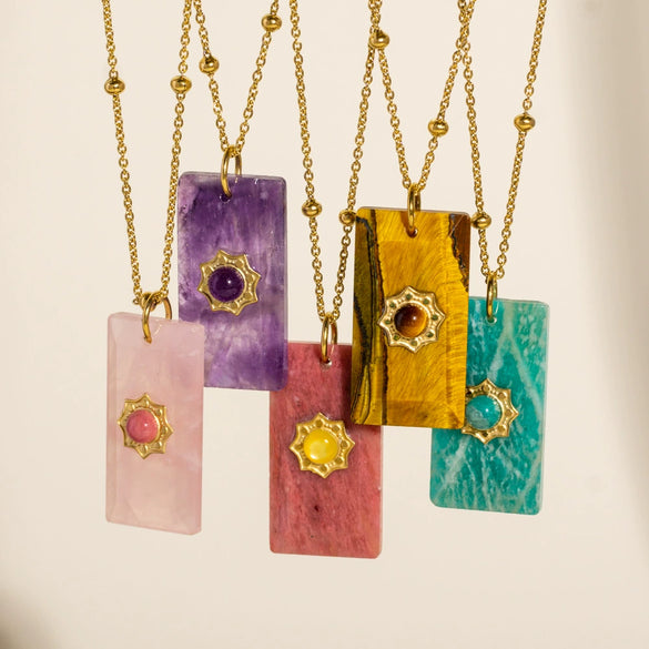 Wholesale Necklace Natural Stone Geometric Pattern Stainless Steel Set With Gems Pendant