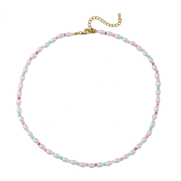 Wholesale Necklace Plastic Pearls Natural Freshwater Pearls Rice Beads Stainless Steel Geometric Style Vacuum Plated