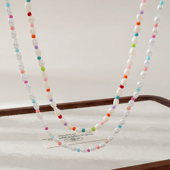 Wholesale Necklace Plastic Pearls Natural Freshwater Pearls Rice Beads Stainless Steel Geometric Style Vacuum Plated