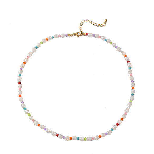 Wholesale Necklace Plastic Pearls Natural Freshwater Pearls Rice Beads Stainless Steel Geometric Style Vacuum Plated