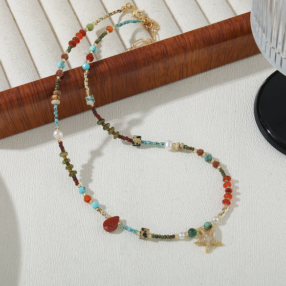Wholesale Necklace Red Agate Spotted Stone Gold Sand Stone Blue Pine Copper Star Shape Handmade
