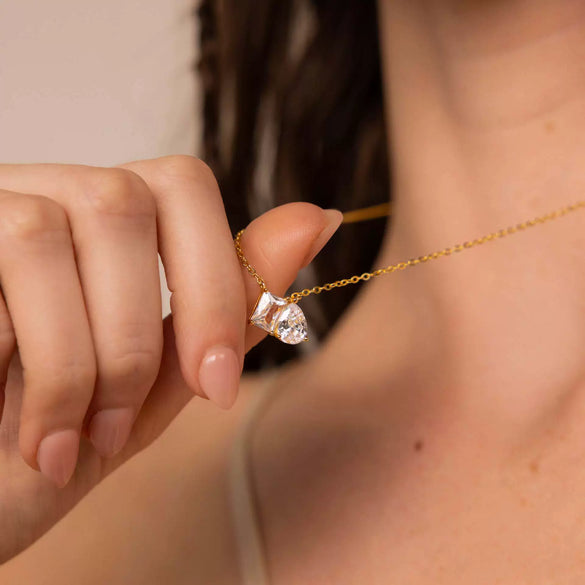 Wholesale Necklace Retro Light Luxury Style Stainless Steel Titanium Steel O Shaped Chain Pear Shaped Square Zircon Electroplated