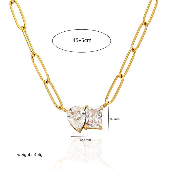 Wholesale Necklace Retro Light Luxury Style Stainless Steel Titanium Steel O Shaped Chain Pear Shaped Square Zircon Electroplated