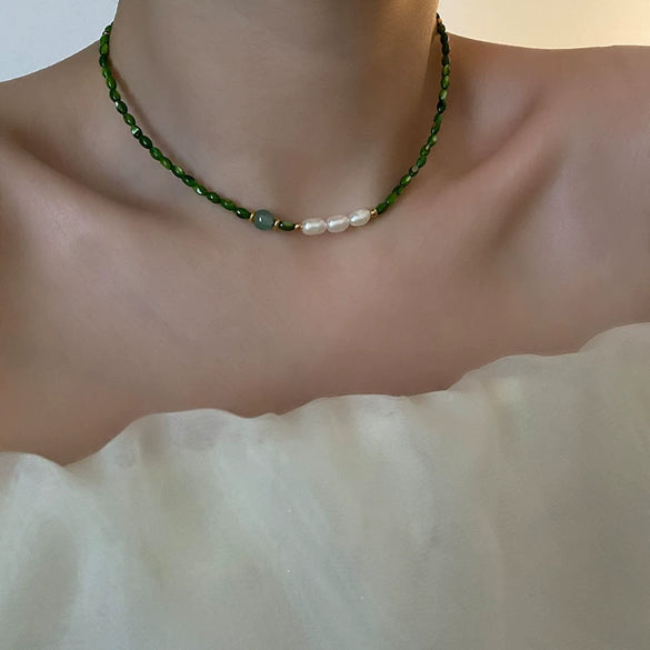 Wholesale Necklace Retro Style Pearl Green Agate Geometric Titanium Steel Handmade Women's