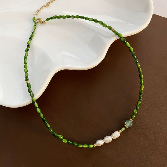 Wholesale Necklace Retro Style Pearl Green Agate Geometric Titanium Steel Handmade Women's