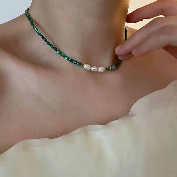 Wholesale Necklace Retro Style Pearl Green Agate Geometric Titanium Steel Handmade Women's