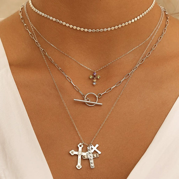 Wholesale Necklace S925 Silver Copper Geometric Cross Multilayer Hiphop Retro Electroplated