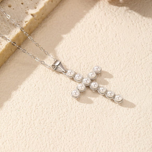 Wholesale Necklace S925 Silver Cross Pendant With Pearls Fashion Ol Style For Women