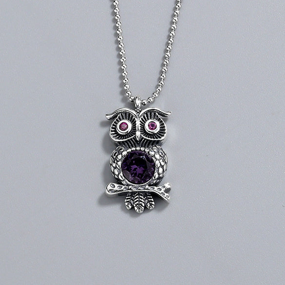 Wholesale Necklace S925 Sterling Silver Geometric Owl Crystal Pendant Bead Chain Electroplating Hipster Retro Distressed