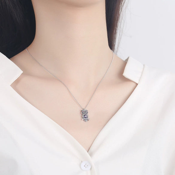 Wholesale Necklace S925 Sterling Silver Geometric Owl Crystal Pendant Bead Chain Electroplating Hipster Retro Distressed