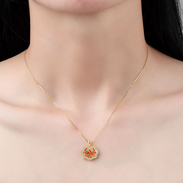 Wholesale Necklace S925 Sterling Silver Natural Red Agate Peace Lock Geometric Electroplated For Women