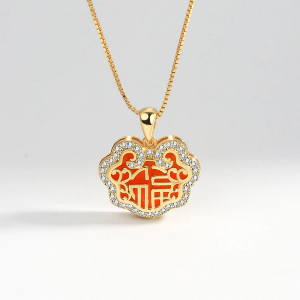 Wholesale Necklace S925 Sterling Silver Natural Red Agate Peace Lock Geometric Electroplated For Women