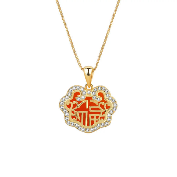 Wholesale Necklace S925 Sterling Silver Natural Red Agate Peace Lock Geometric Electroplated For Women