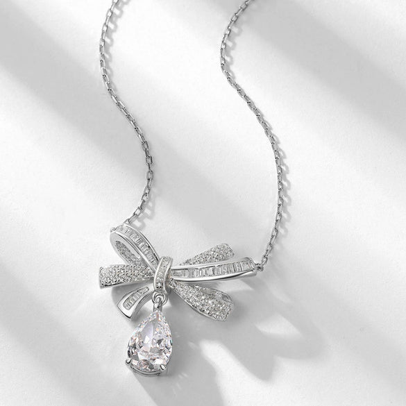 Wholesale Necklace 925 Silver Bow Water Drop High Carbon Diamond Light Luxury Style